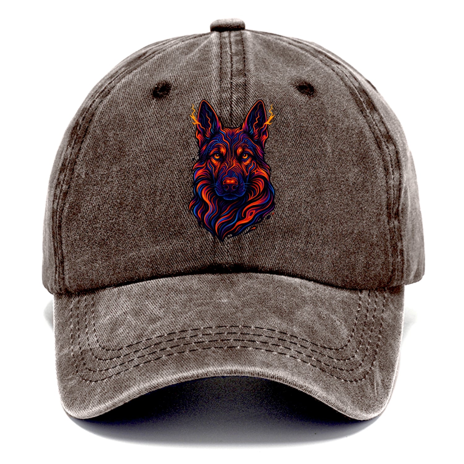 Alert German Shepherd with cyber circuit patterns in the fur, neon orange and black - Classic Cap - Brown