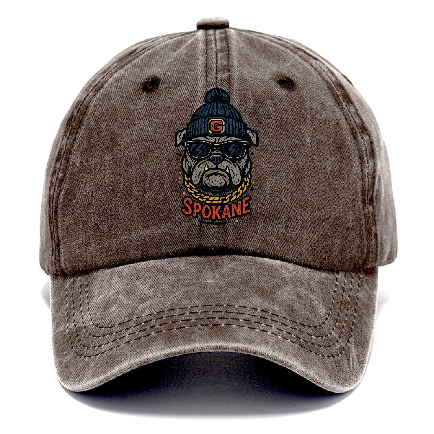 Spokane Bulldog wearing Gonzaga beanie with G patch - Classic Cap - Brown