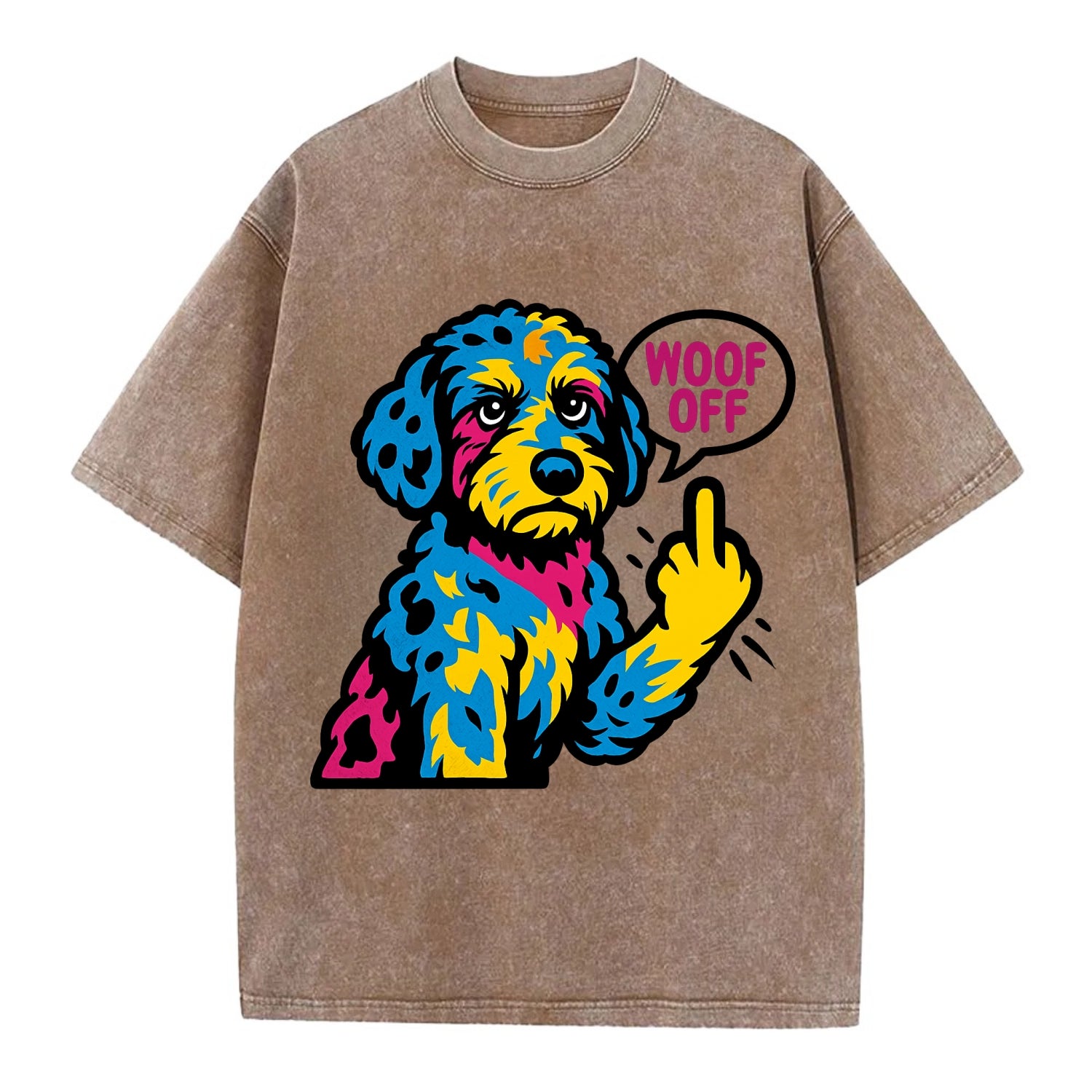 Aussiedoodle with merle patches and curly coat, playful smart paw raised - Vintage T-shirt - Brown