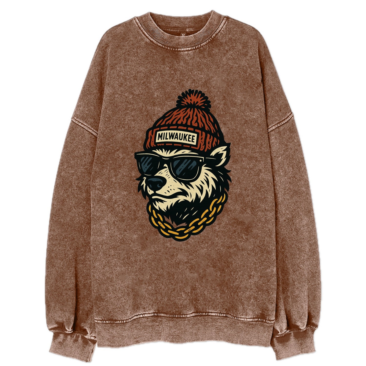 Milwaukee Badger wearing Milwaukee beanie with pom pom and wayfarer sunglasses - Vintage Sweatshirt - Brown
