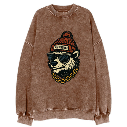Milwaukee Badger wearing Milwaukee beanie with pom pom and wayfarer sunglasses - Vintage Sweatshirt - Brown