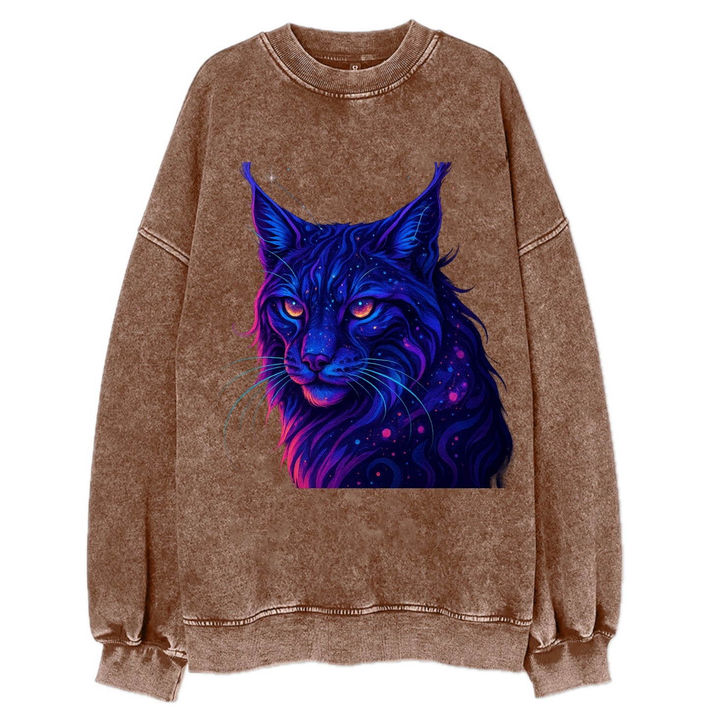 Stealthy lynx with ear tufts forming constellation patterns, nebula spots - Vintage Sweatshirt - Brown