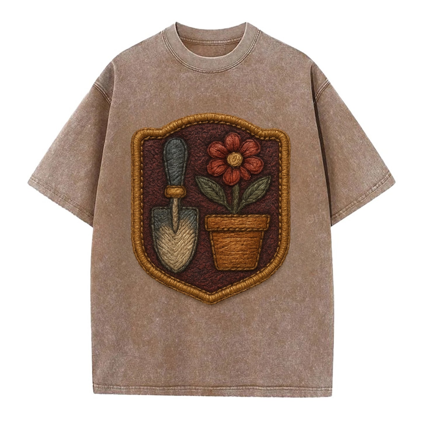 Garden trowel with flower pot - gardener badge - Vintage T-shirt - Brown