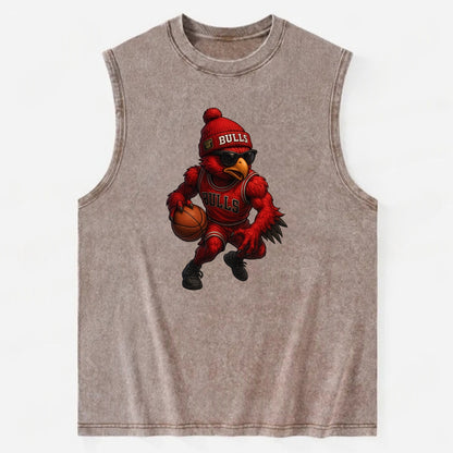 Windy City Hawk wearing Bulls beanie with six rings patch and wayfarer - Vintage Washed Tank - Brown