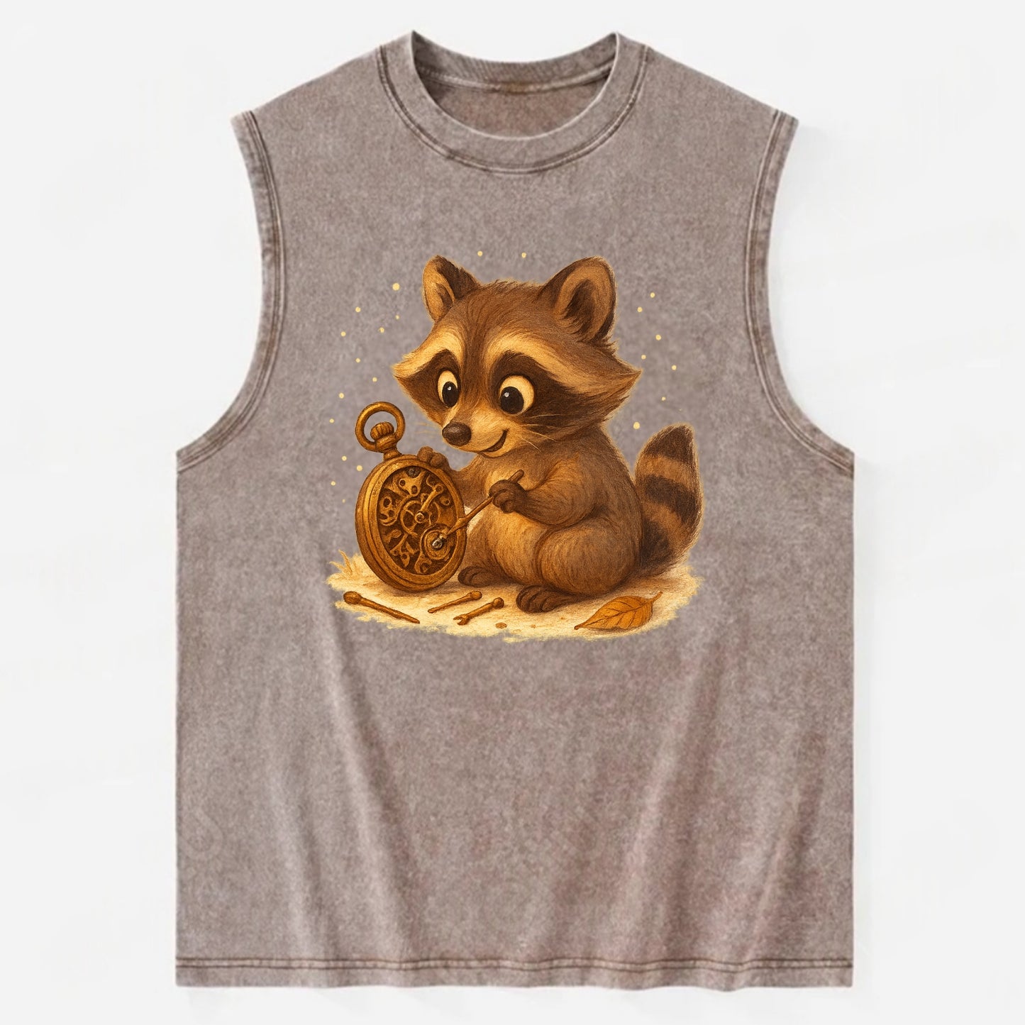 Raccoon tinkering with a steampunk pocket watch using tiny brass tools - Vintage Washed Tank - Brown