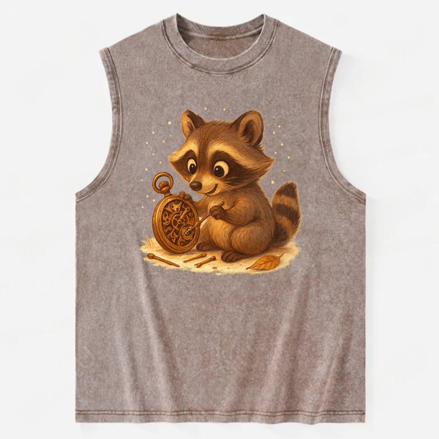 Raccoon tinkering with a steampunk pocket watch using tiny brass tools - Vintage Washed Tank - Brown