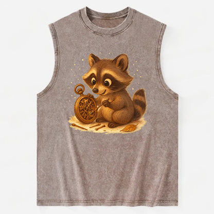 Raccoon tinkering with a steampunk pocket watch using tiny brass tools - Vintage Washed Tank - Brown