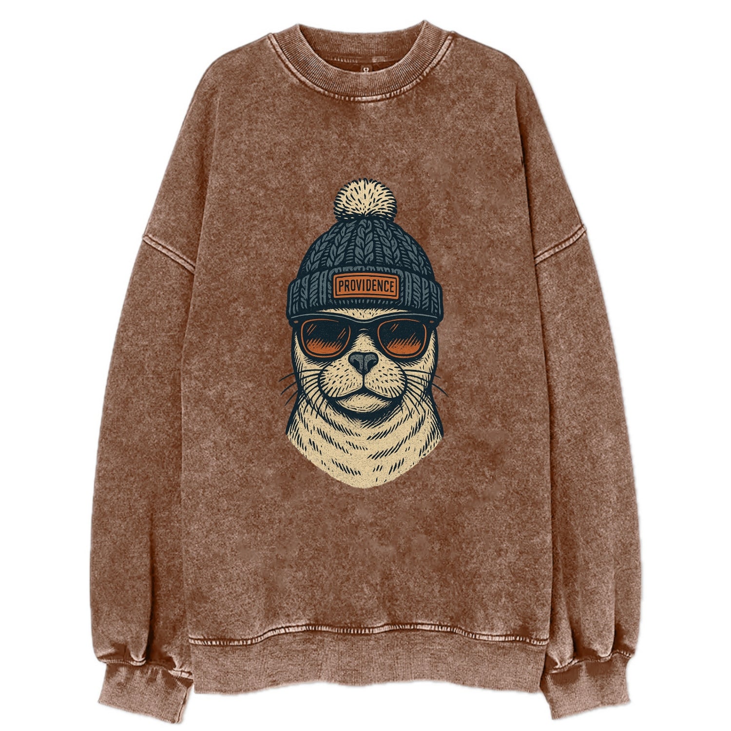 Rhode Island Harbor Seal wearing Providence beanie with pom pom and wayfarer - Vintage Sweatshirt - Brown