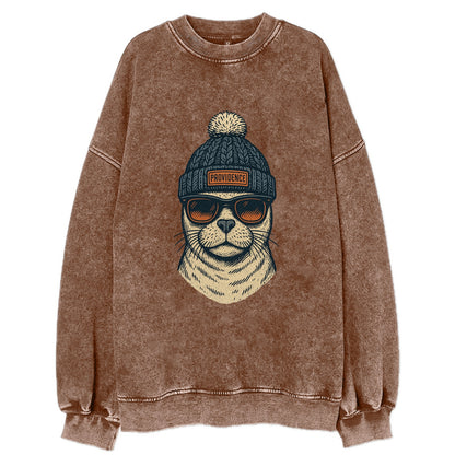 Rhode Island Harbor Seal wearing Providence beanie with pom pom and wayfarer - Vintage Sweatshirt - Brown