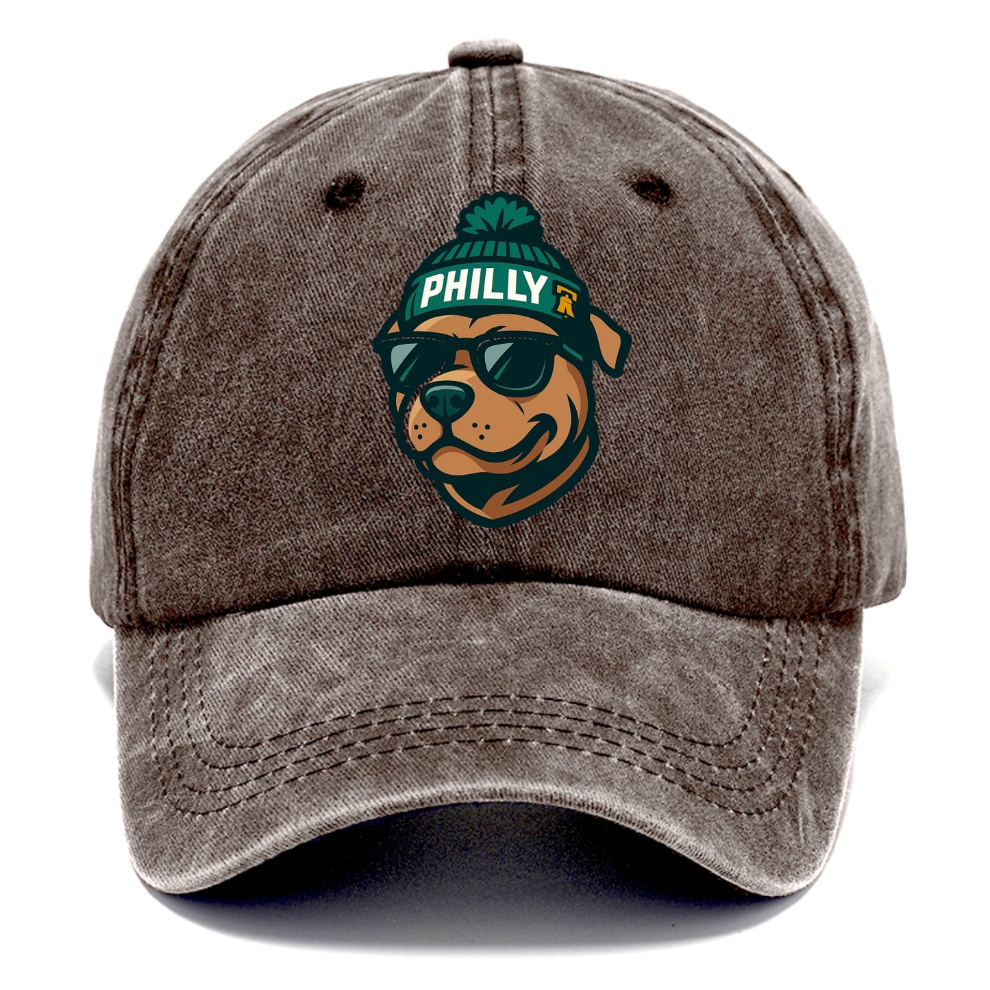 Philly Pitbull wearing Eagles beanie with Liberty Bell patch and wayfarer sunglasses - Classic Cap - Brown