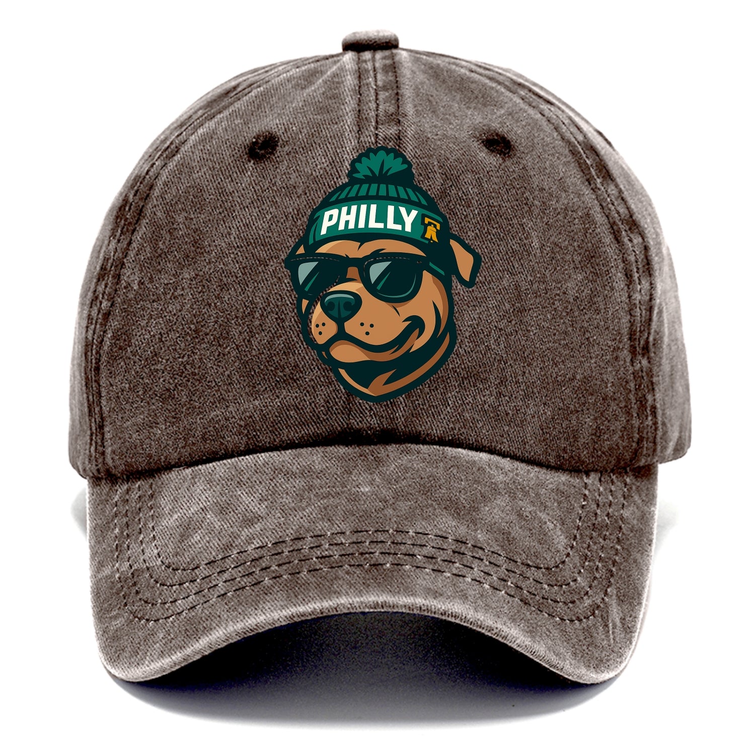 Philly Pitbull wearing Eagles beanie with Liberty Bell patch and wayfarer sunglasses - Classic Cap - Brown