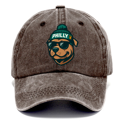 Philly Pitbull wearing Eagles beanie with Liberty Bell patch and wayfarer sunglasses - Classic Cap - Brown