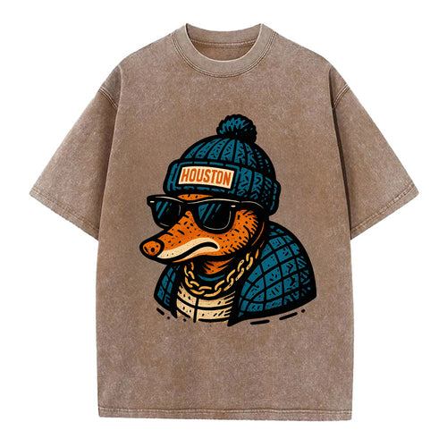 Houston Armadillo wearing Houston beanie with pom pom and wayfarer sunglasses - Vintage T-shirt