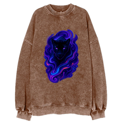 Sleek black panther emerging from swirls of deep purple and electric blue, - Vintage Sweatshirt - Brown