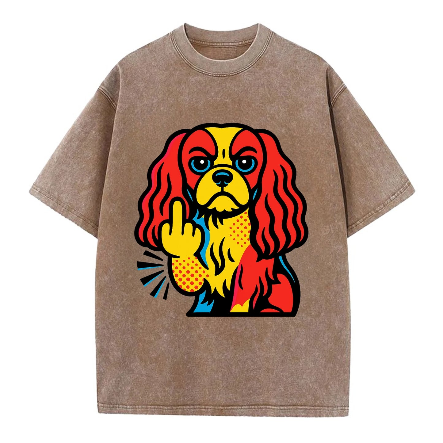 Cavalier King Charles Spaniel with long ears, regal paw giving finger - Vintage T-shirt - Brown