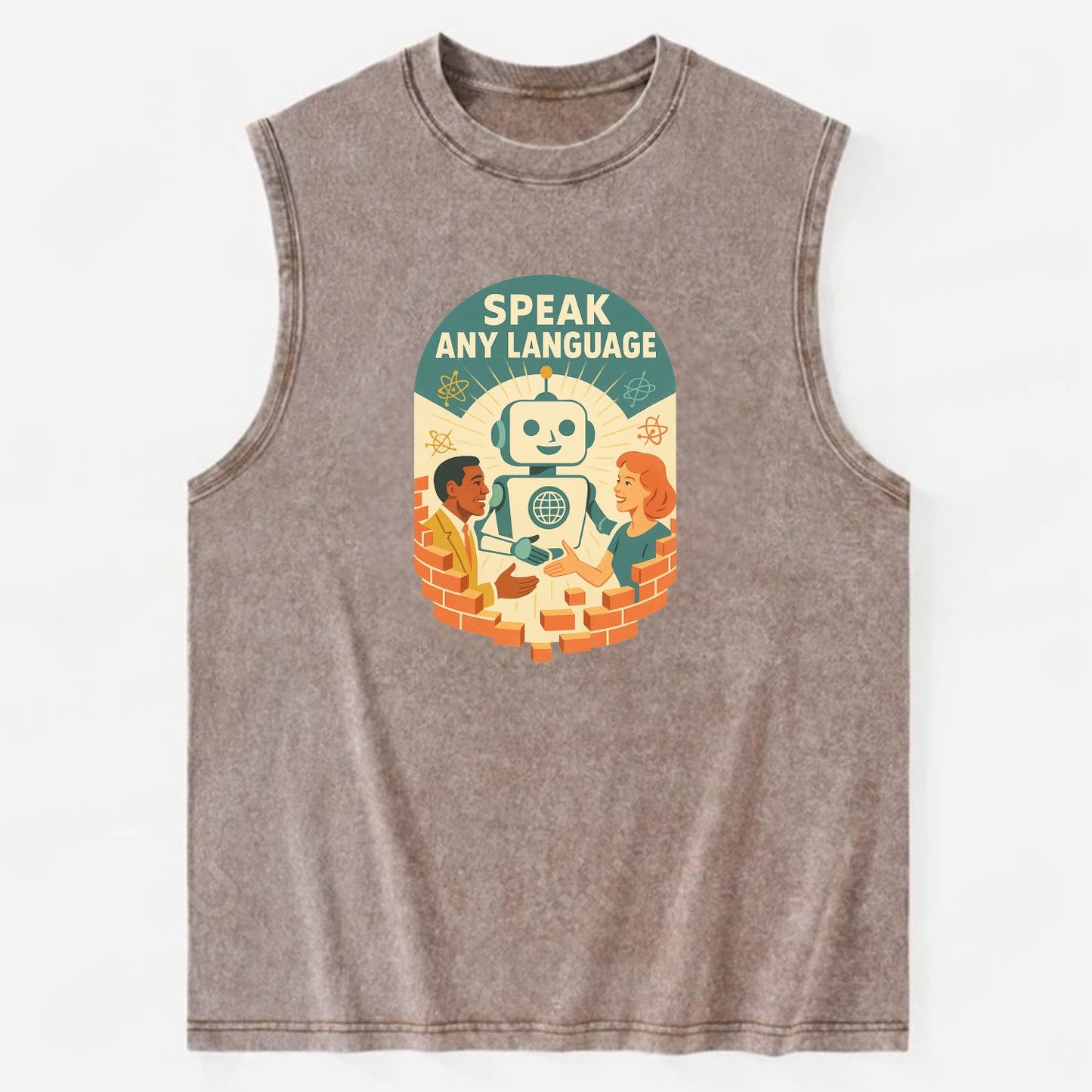Language learning AI breaking down barriers - "Speak Any Language" - - Vintage Washed Tank - Brown