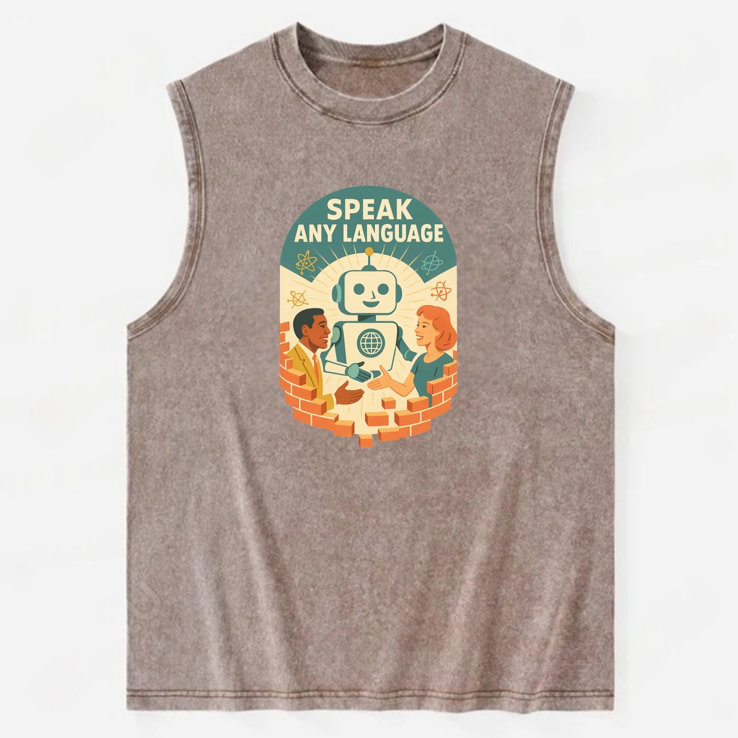 Language learning AI breaking down barriers - "Speak Any Language" - - Vintage Washed Tank - Brown