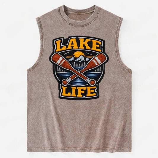 CANOE PADDLE - wooden paddle crossed in brown and cream , lake life - Vintage Washed Tank - Brown