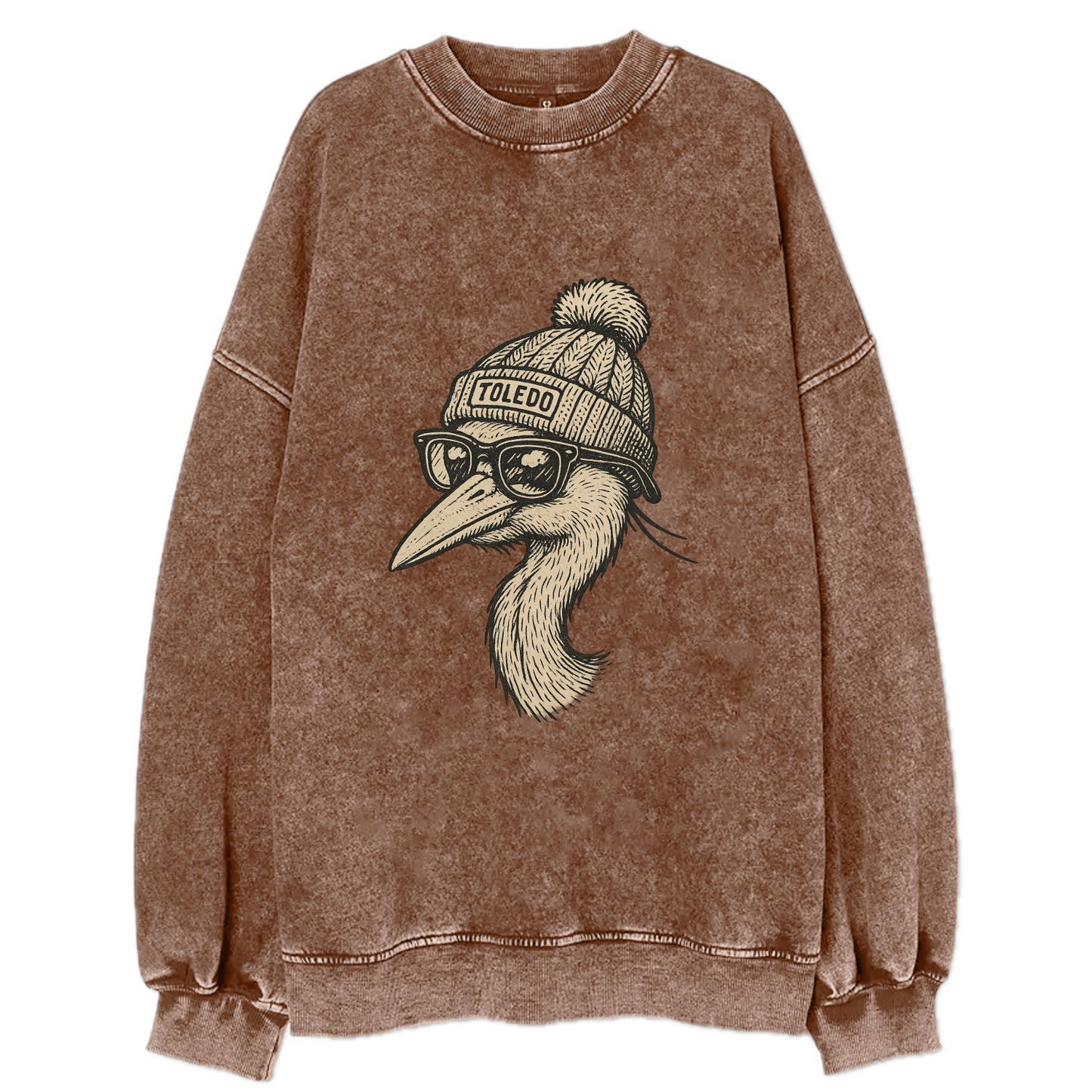Toledo Great Blue Heron wearing Toledo beanie with pom pom and wayfarer - Vintage Sweatshirt - Brown