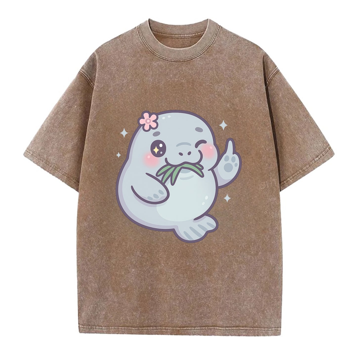 chubby manatee munching on seagrass, one flipper raised with sass - Vintage T-shirt - Brown