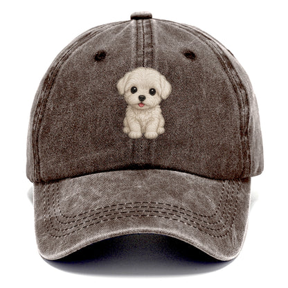 Baby Maltese Puppy - pure white silky coat, black button eyes, tiny nose, - Classic Cap - Brown
