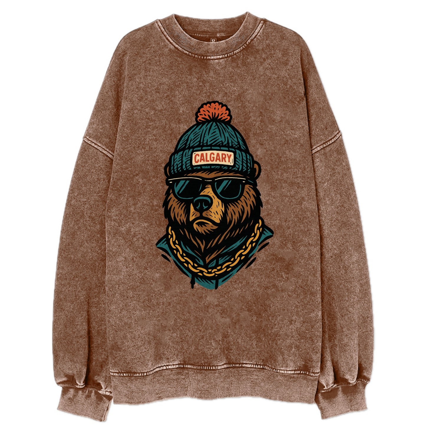 Calgary Grizzly Bear wearing Calgary beanie with pom pom and wayfarer - Vintage Sweatshirt - Brown