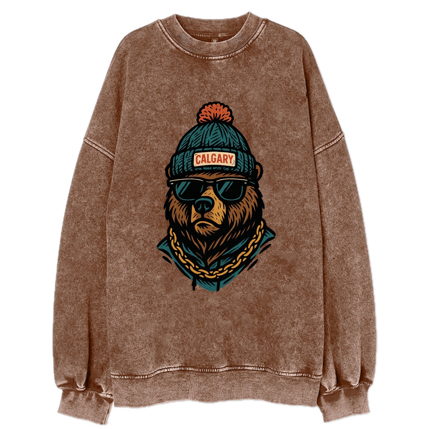 Calgary Grizzly Bear wearing Calgary beanie with pom pom and wayfarer - Vintage Sweatshirt - Brown