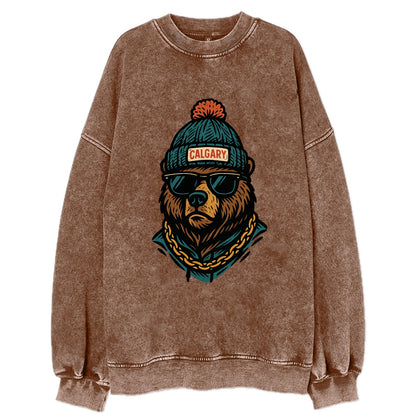 Calgary Grizzly Bear wearing Calgary beanie with pom pom and wayfarer - Vintage Sweatshirt - Brown