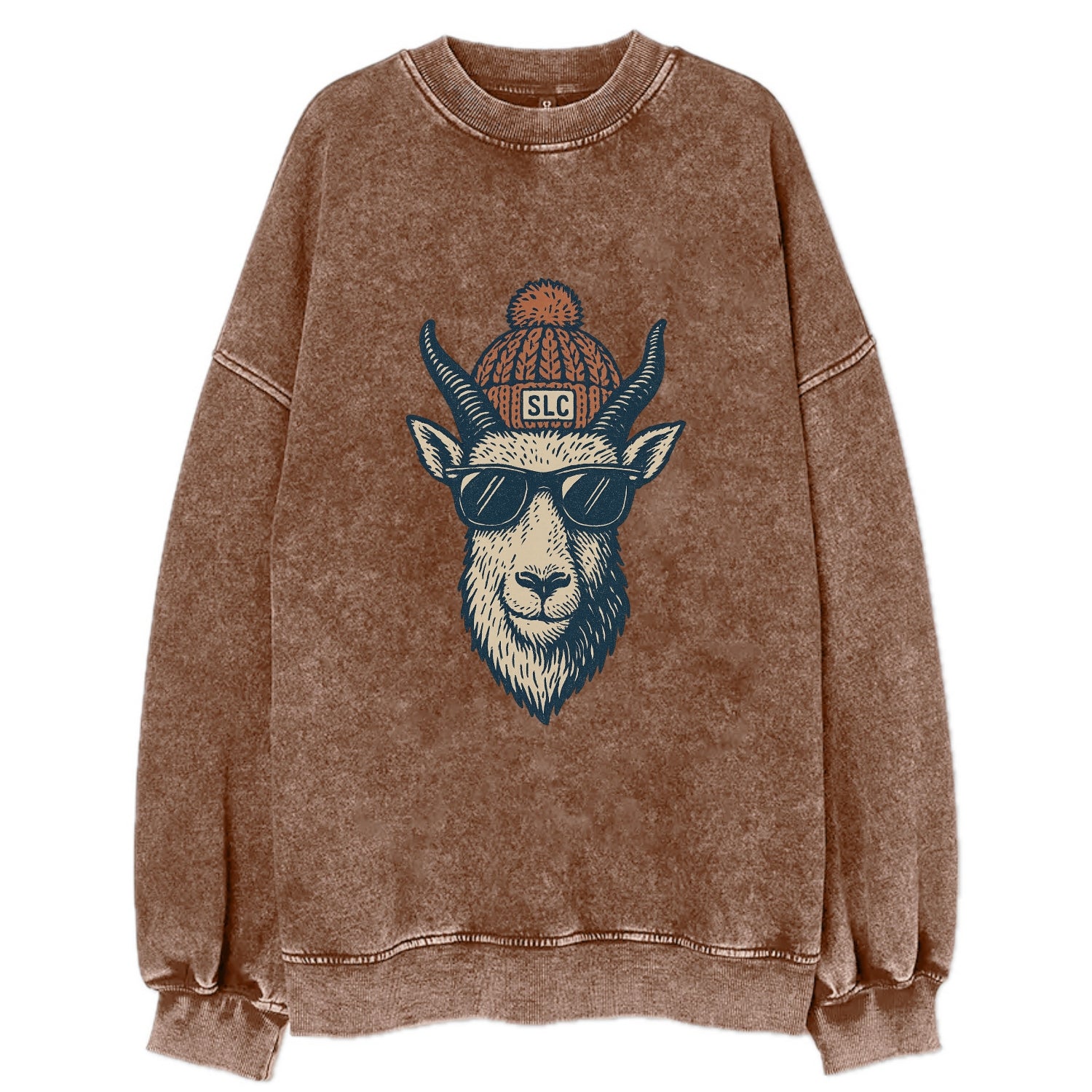 Salt Lake City Mountain Goat wearing SLC beanie with pom pom and wayfarer - Vintage Sweatshirt - Brown