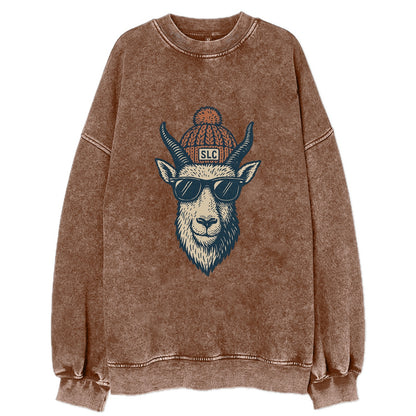 Salt Lake City Mountain Goat wearing SLC beanie with pom pom and wayfarer - Vintage Sweatshirt - Brown