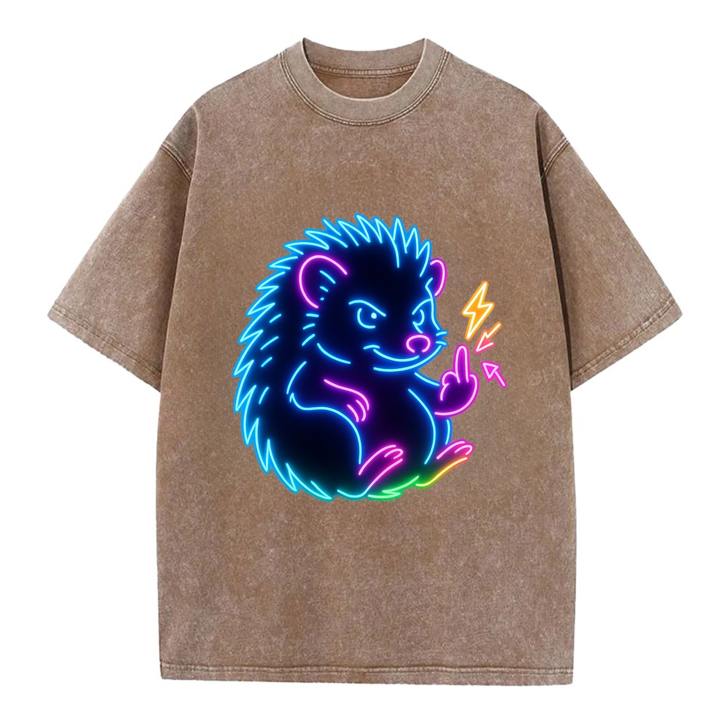 tiny hedgehog curled up slightly, one little paw raised flipping the bird - Vintage T-shirt - Brown