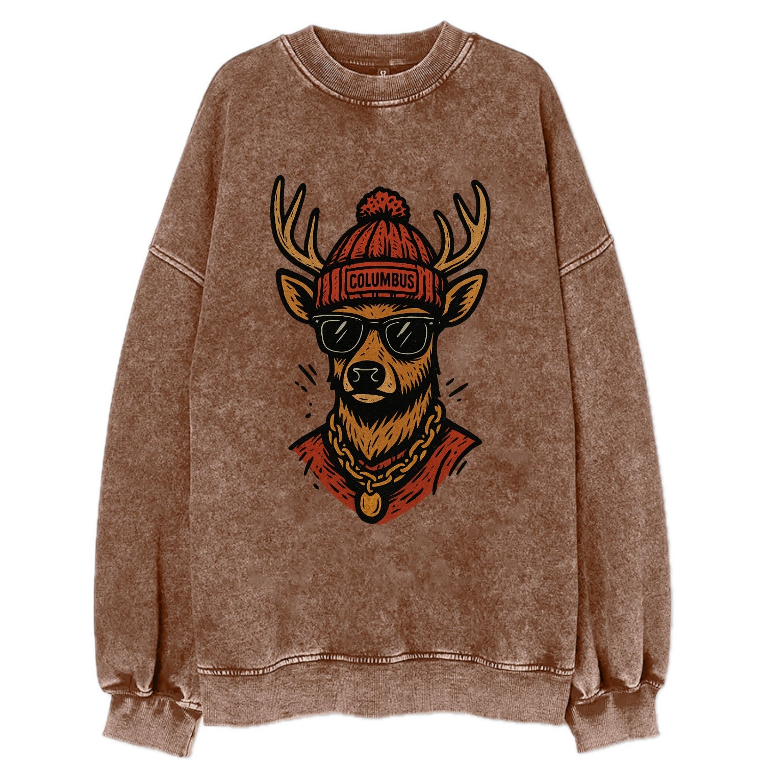 Columbus White-tailed Deer wearing Columbus beanie with pom pom and wayfarer - Vintage Sweatshirt - Brown