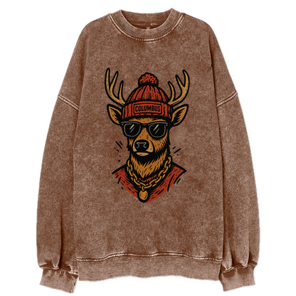 Columbus White-tailed Deer wearing Columbus beanie with pom pom and wayfarer - Vintage Sweatshirt - Brown