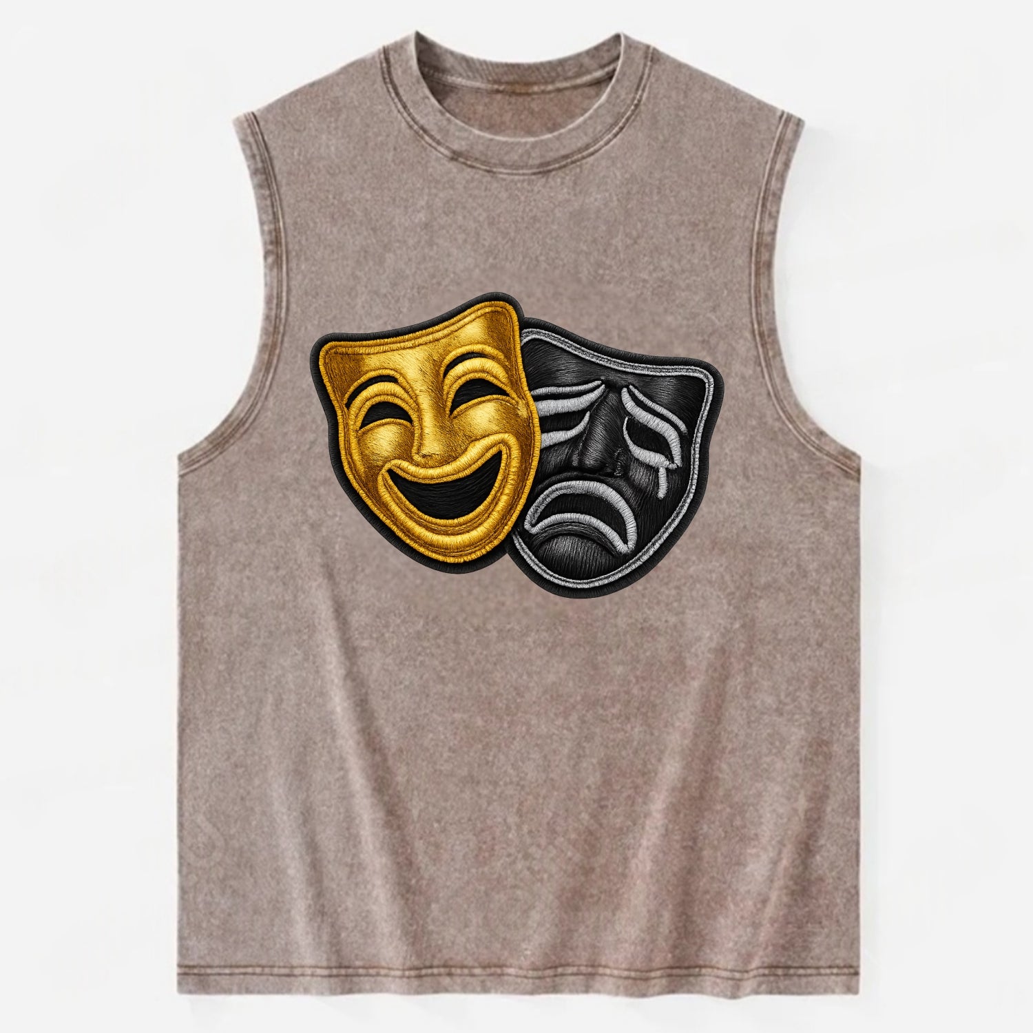 BROADWAY MASKS - comedy tragedy masks in gold and black , theater - Vintage Washed Tank - Brown