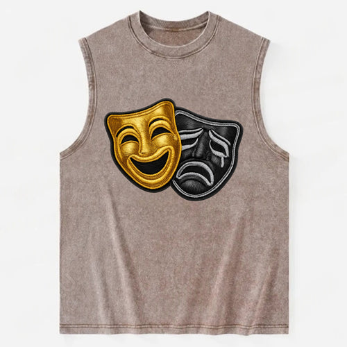 BROADWAY MASKS - comedy tragedy masks in gold and black , theater - Vintage Washed Tank
