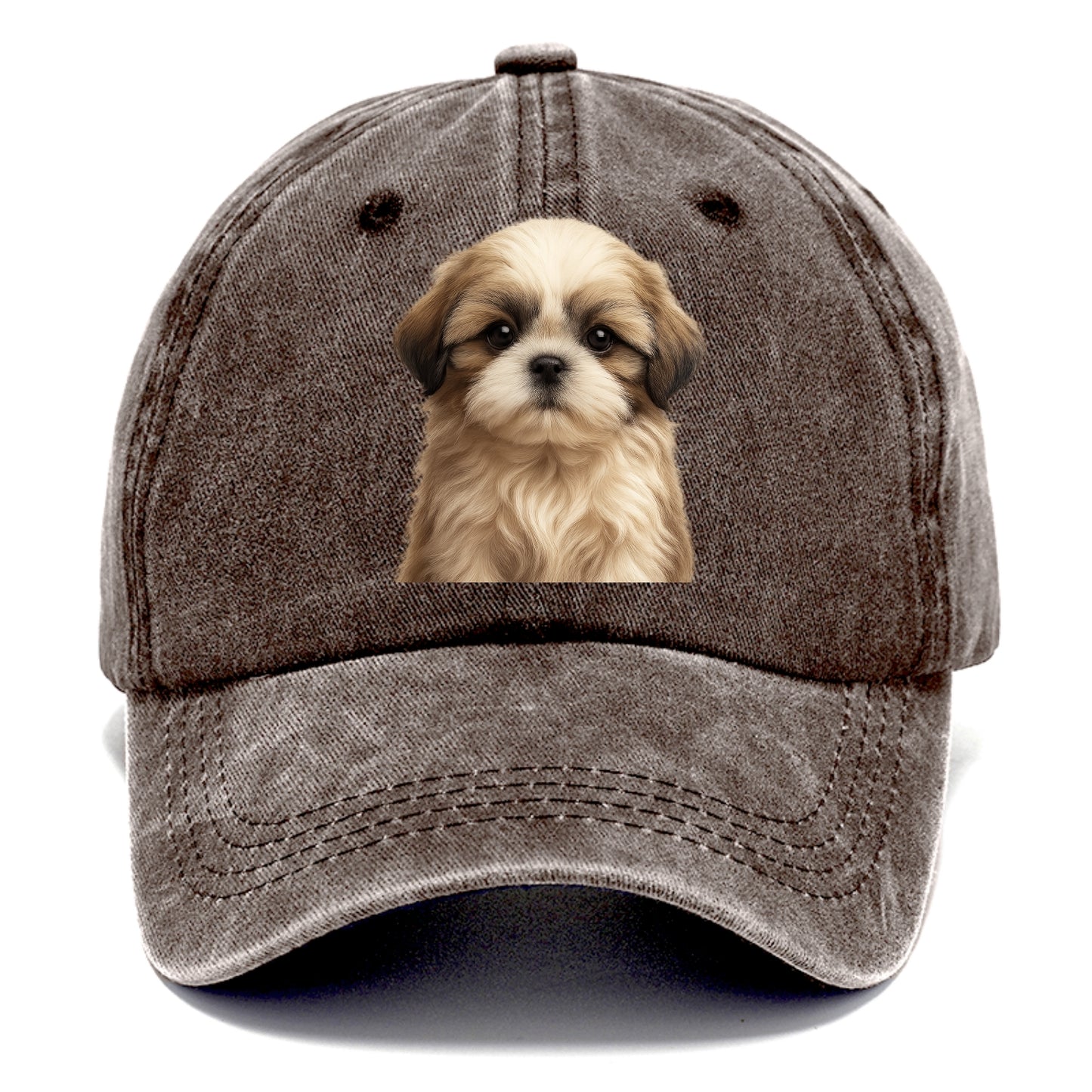 Baby Shih Tzu Puppy - long flowing coat, flat face, big dark eyes, front-facing, - Classic Cap - Brown