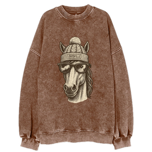 Kentucky Thoroughbred Horse wearing Louisville beanie with pom pom and - Vintage Sweatshirt - Brown