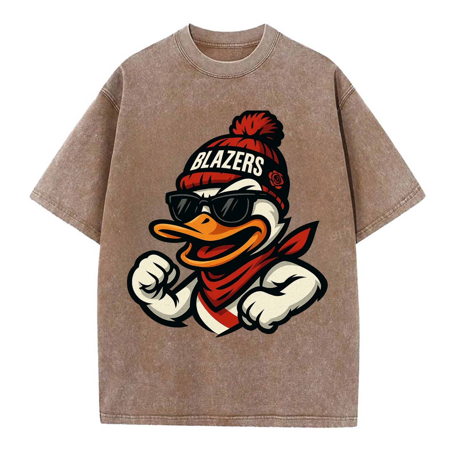 Oregon Duck wearing Trail Blazers beanie with rose patch and wayfarer sunglasses - Vintage T-shirt - Brown