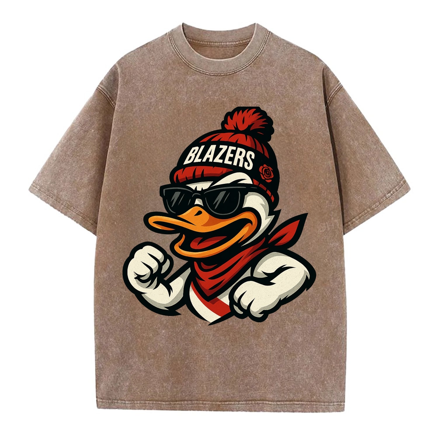 Oregon Duck wearing Trail Blazers beanie with rose patch and wayfarer sunglasses - Vintage T-shirt - Brown