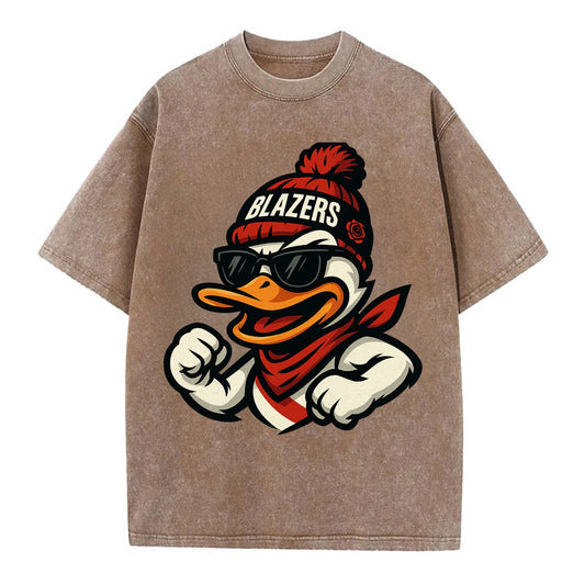 Oregon Duck wearing Trail Blazers beanie with rose patch and wayfarer sunglasses - Vintage T-shirt - Brown