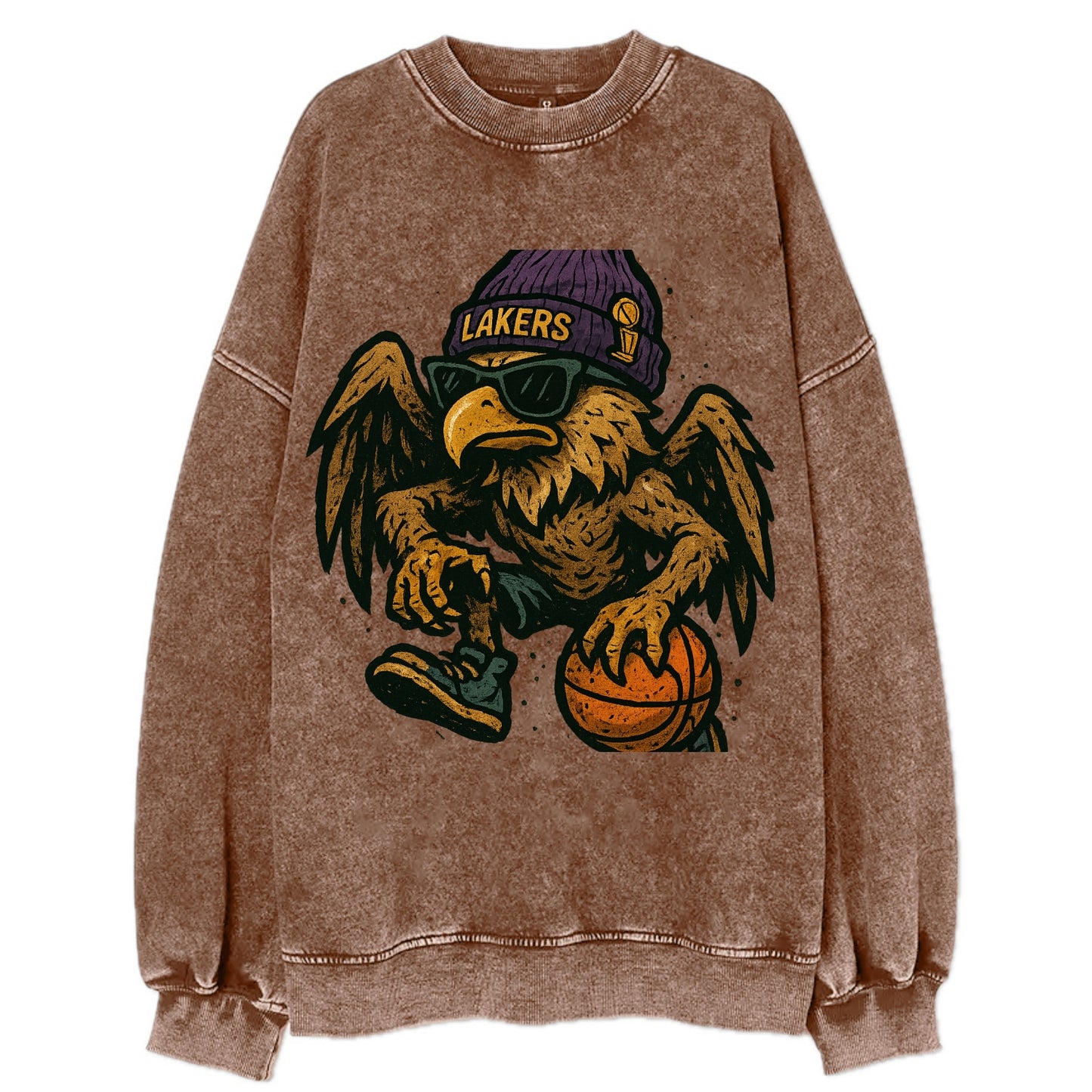 Los Angeles Golden Eagle wearing Lakers beanie with trophy patch and wayfarer - Vintage Sweatshirt - Brown