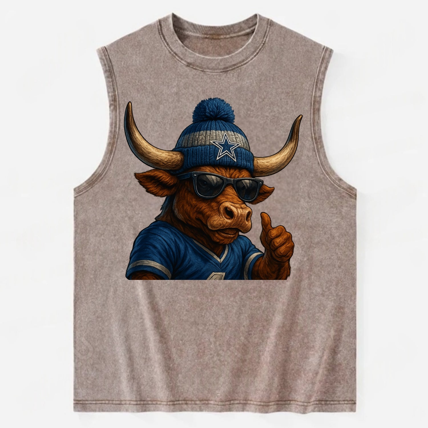 Texas Longhorn wearing Cowboys silver and blue beanie with star and wayfarer - Vintage Washed Tank - Brown