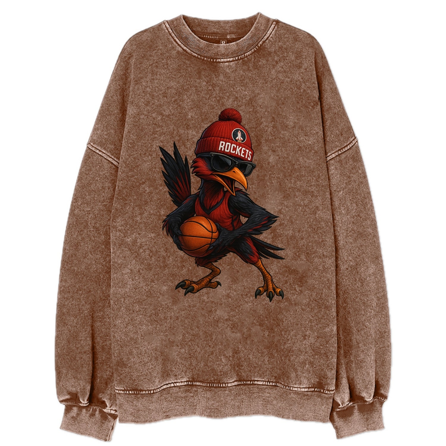 Houston Roadrunner wearing Rockets beanie with launch pad patch and wayfarer - Vintage Sweatshirt - Brown