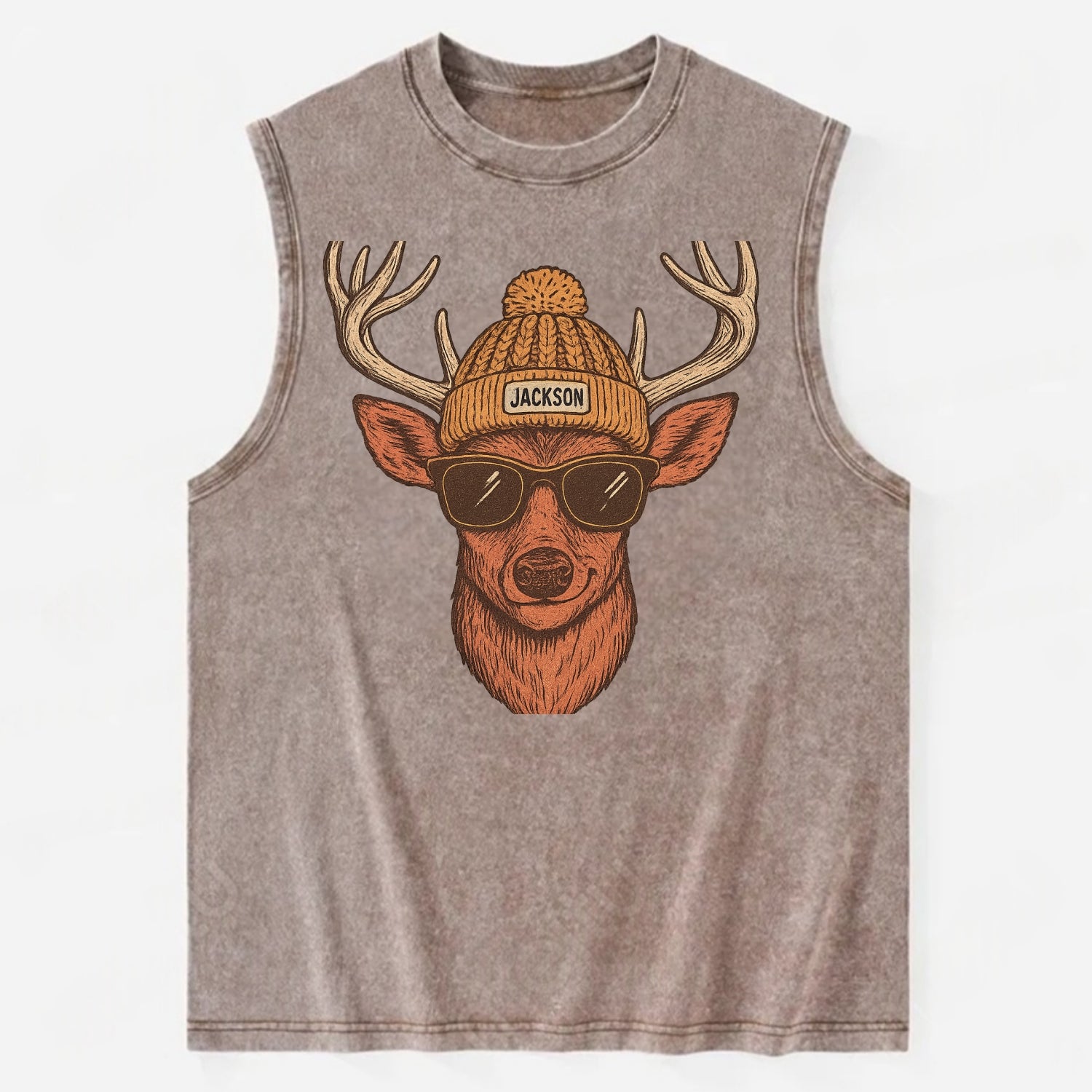 Mississippi White-tailed Deer wearing Jackson beanie with pom pom and - Vintage Washed Tank - Brown