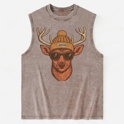 Mississippi White-tailed Deer wearing Jackson beanie with pom pom and - Vintage Washed Tank - Brown