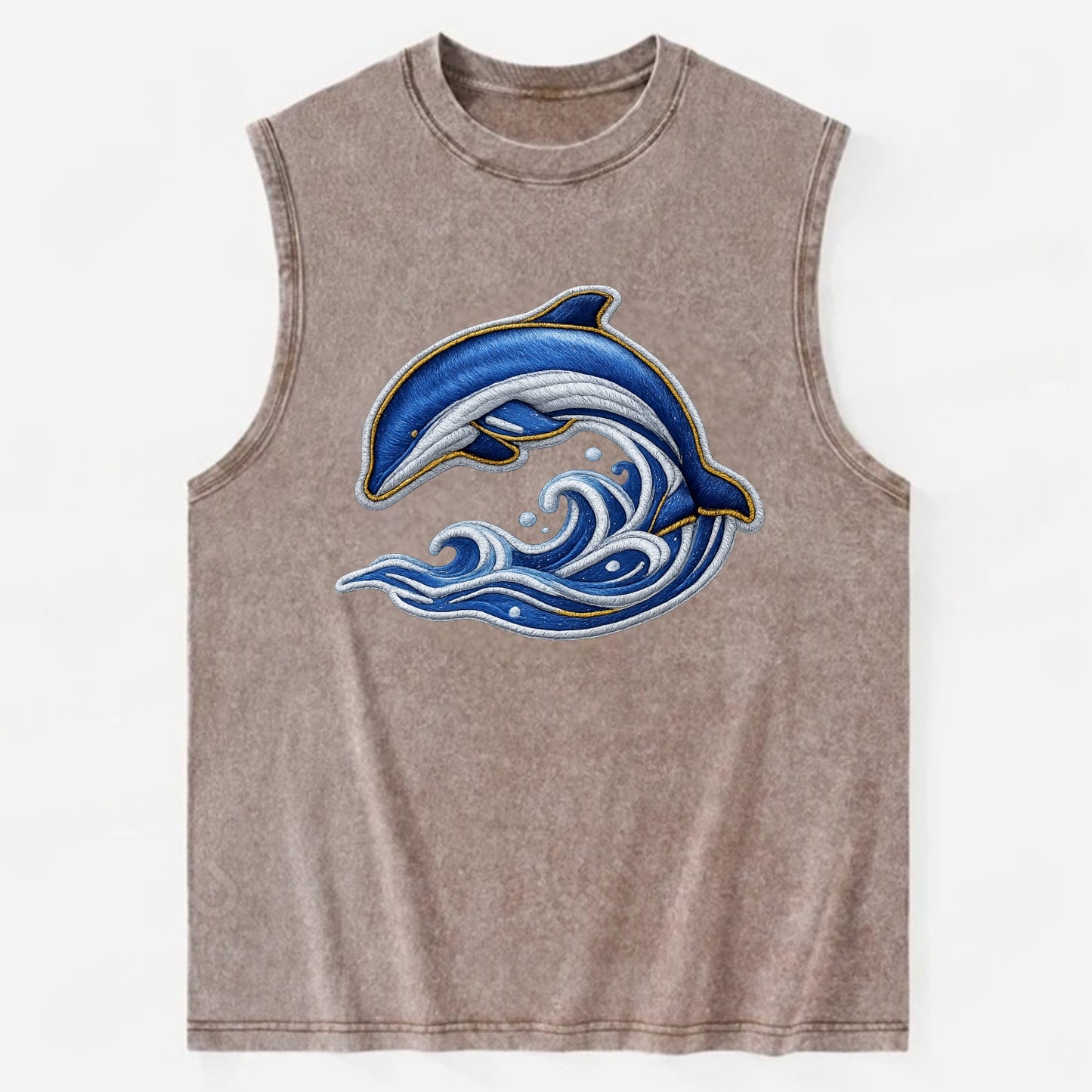 Embroidered patch design - SWIMMING DOLPHIN - diving dolphin with waves in - Vintage Washed Tank - Brown