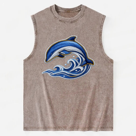 Embroidered patch design - SWIMMING DOLPHIN - diving dolphin with waves in - Vintage Washed Tank - Brown