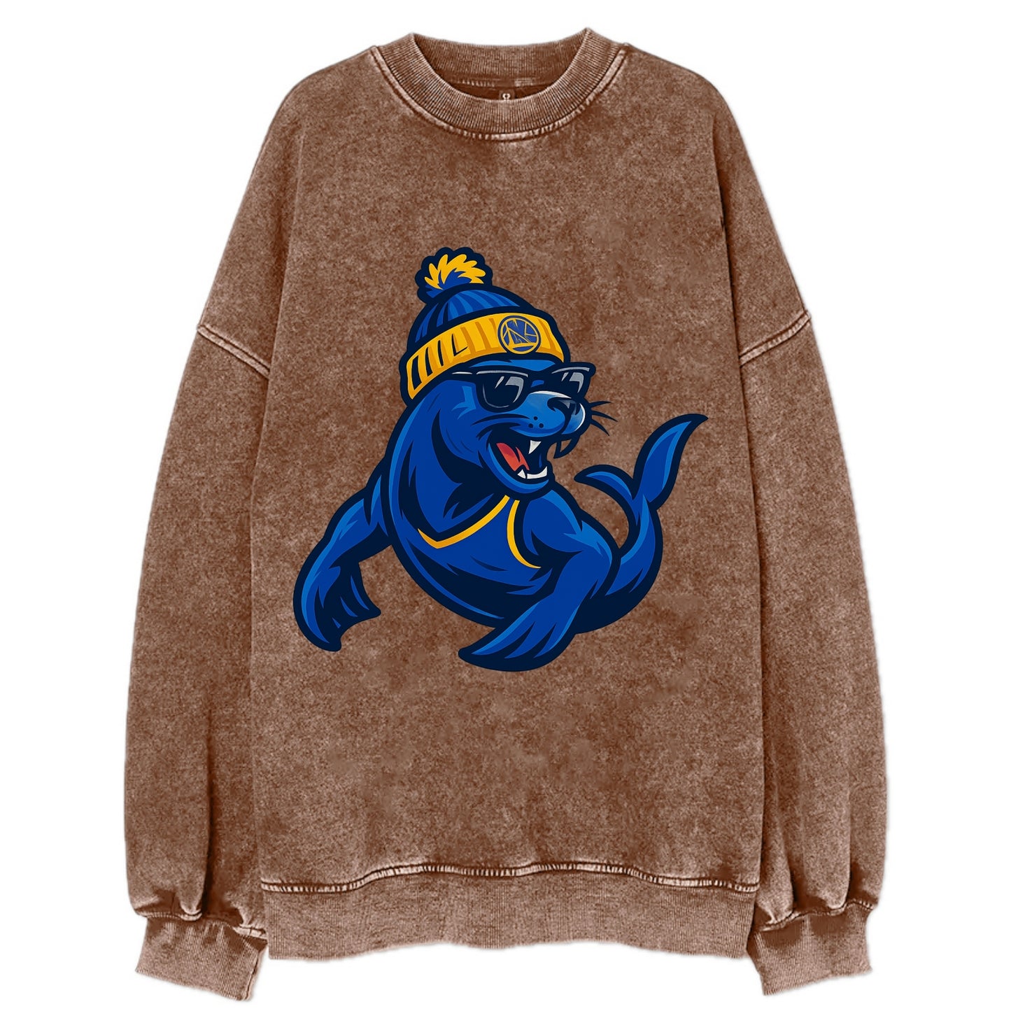 Bay Area Sea Lion wearing Warriors blue and gold beanie with Golden Gate and - Vintage Sweatshirt - Brown