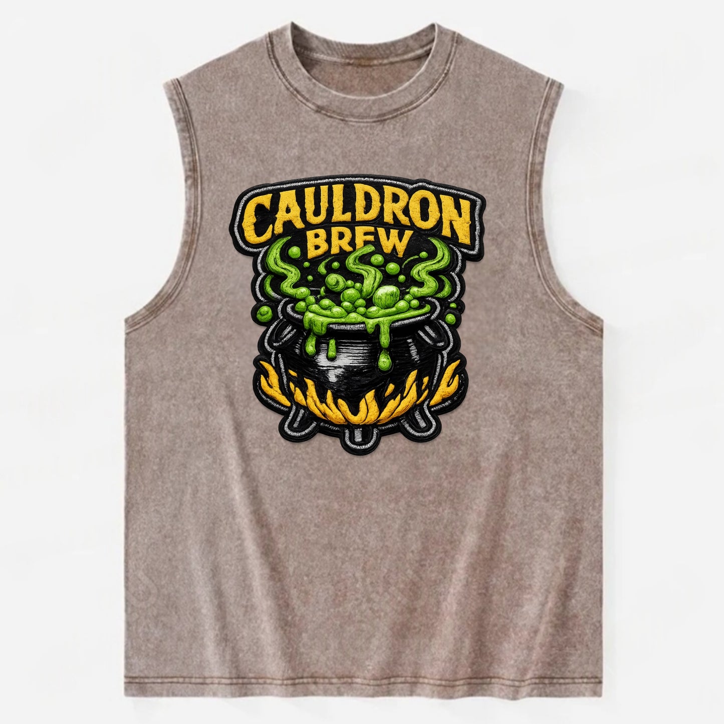 CAULDRON BREW - bubbling pot in black and green , witch craft - Vintage Washed Tank - Brown