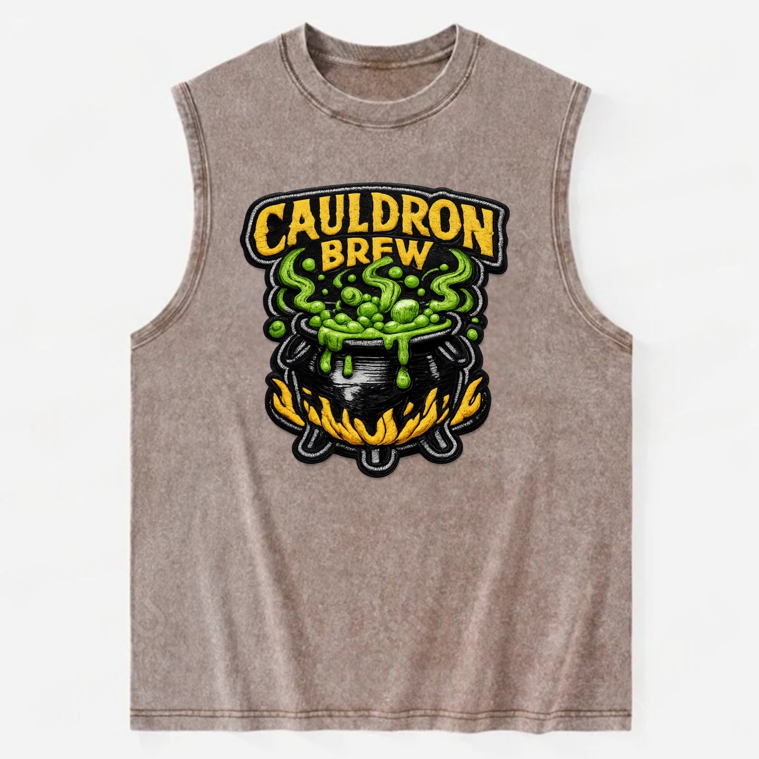 CAULDRON BREW - bubbling pot in black and green , witch craft - Vintage Washed Tank - Brown